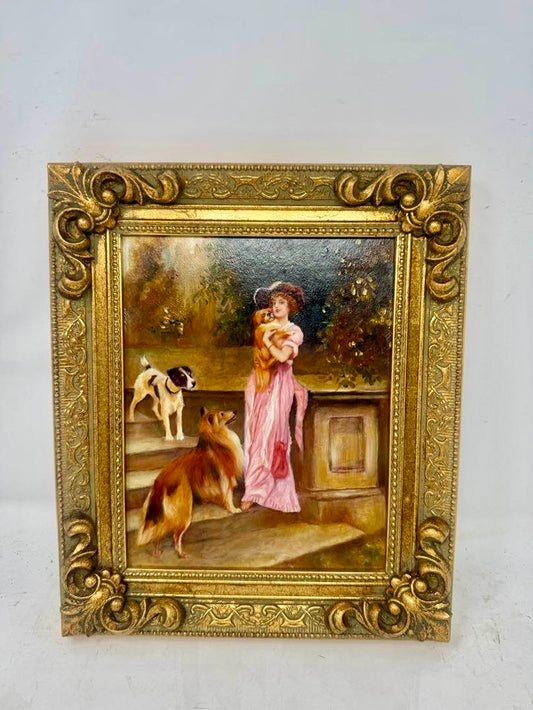 Garden Companions | Framed Lady & Dogs Oil Painting in Ornate Gold Frame