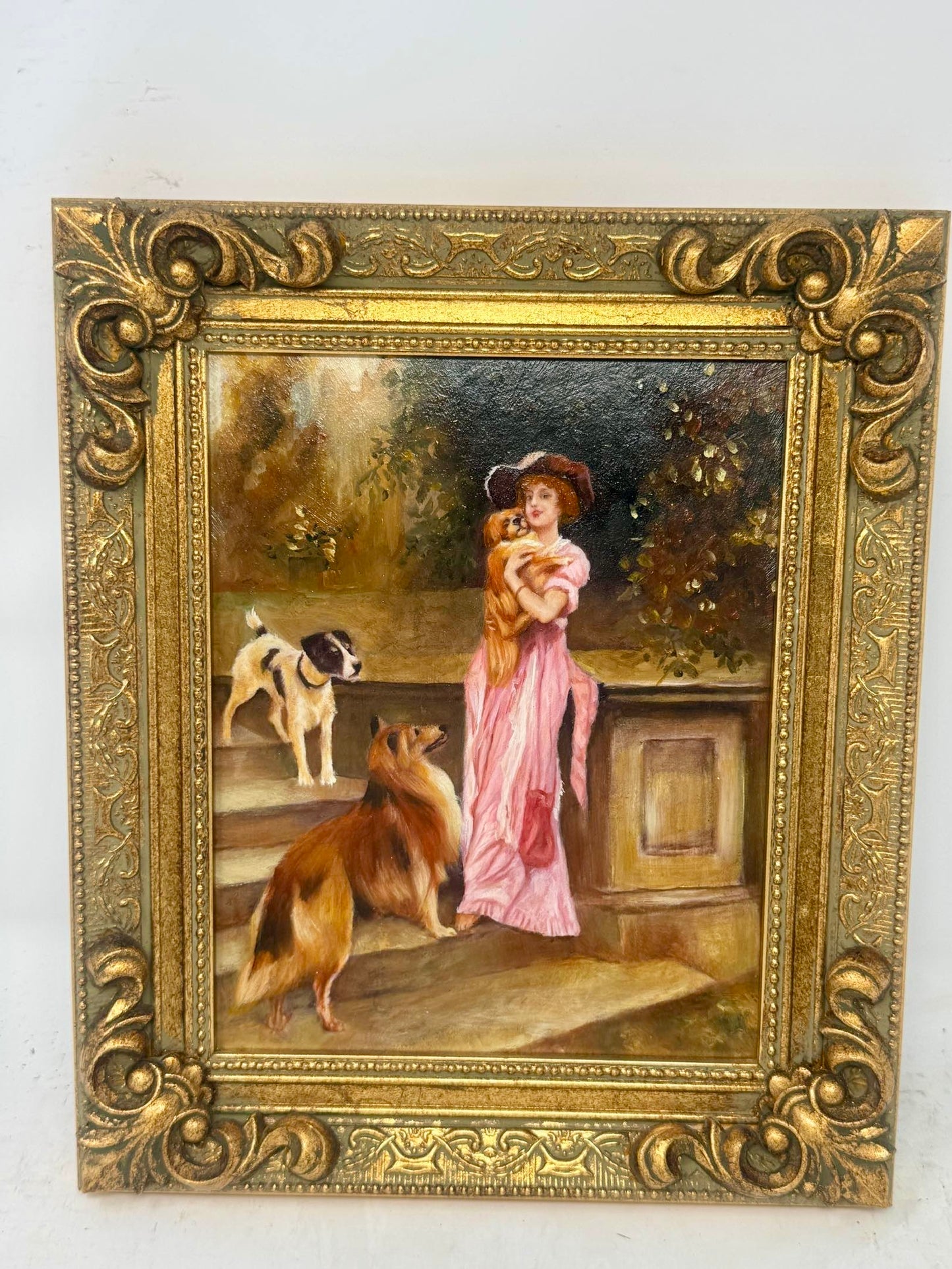 Garden Companions | Framed Lady & Dogs Oil Painting in Ornate Gold Frame
