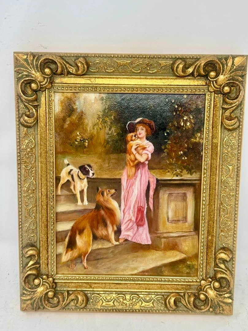 Garden Companions | Framed Lady & Dogs Oil Painting in Ornate Gold Frame