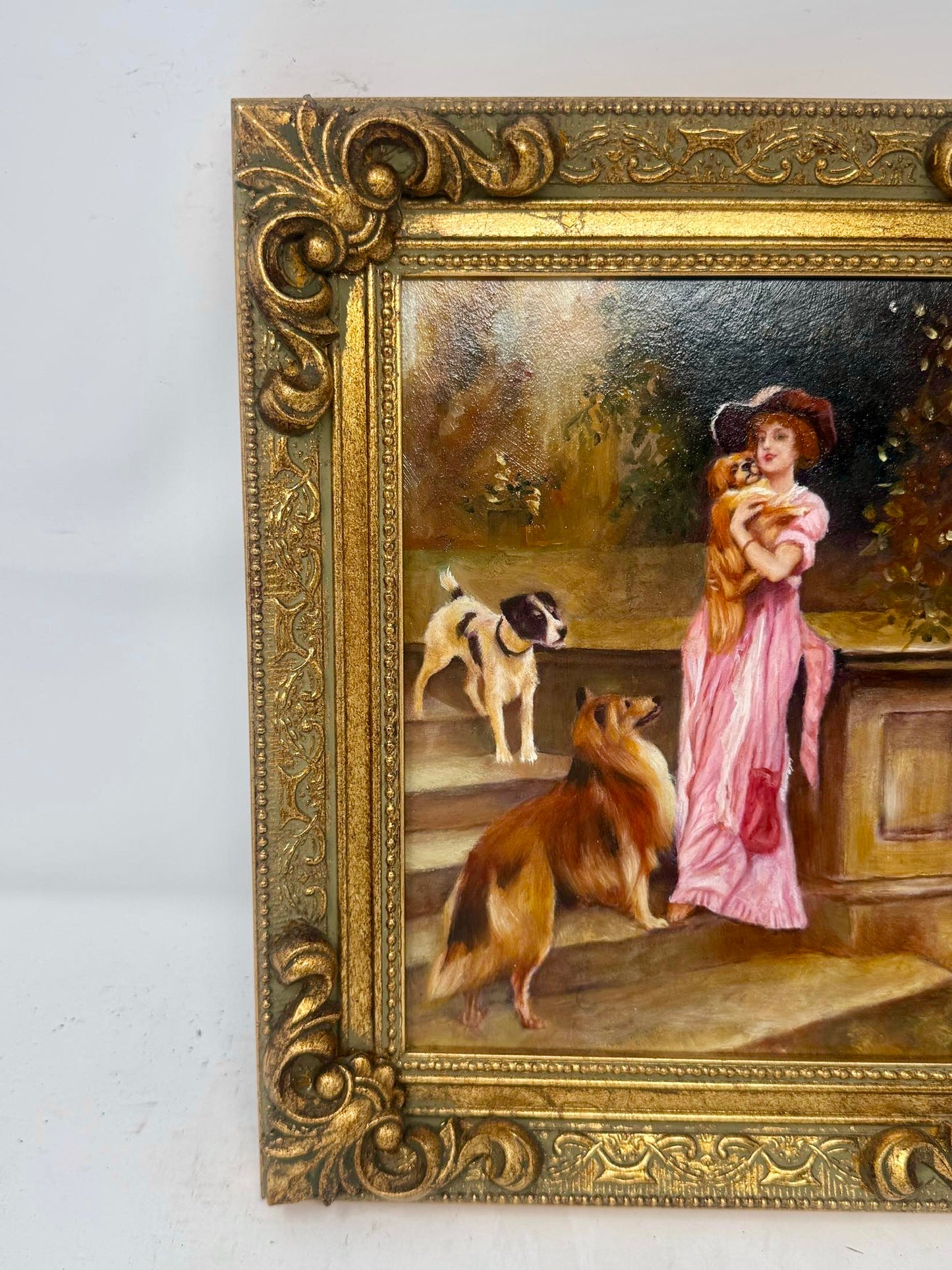 Garden Companions | Framed Lady & Dogs Oil Painting in Ornate Gold Frame