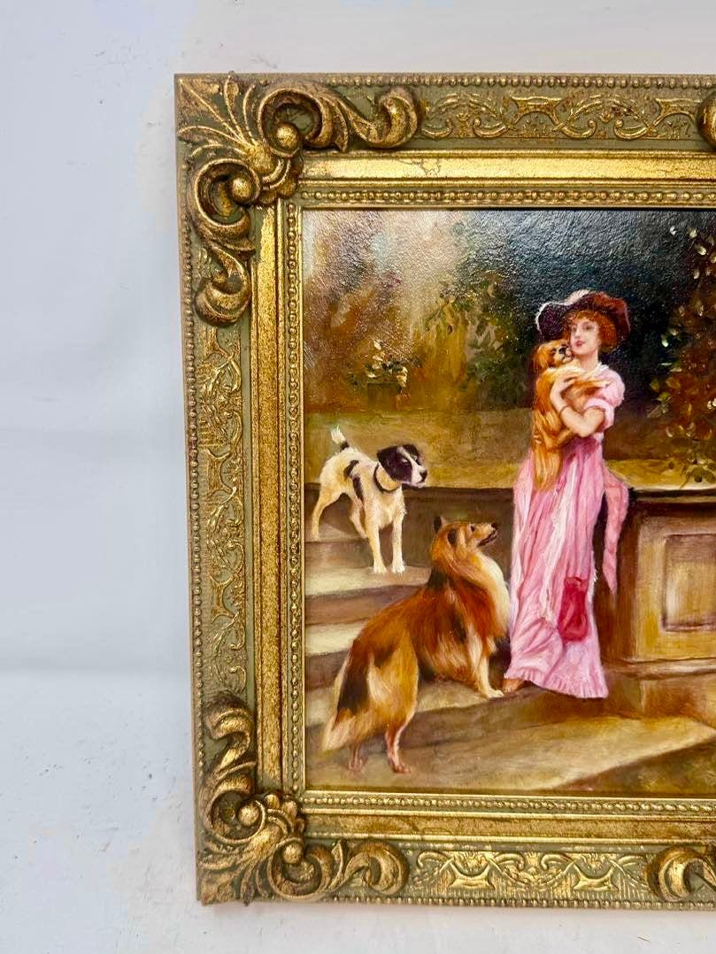 Garden Companions | Framed Lady & Dogs Oil Painting in Ornate Gold Frame