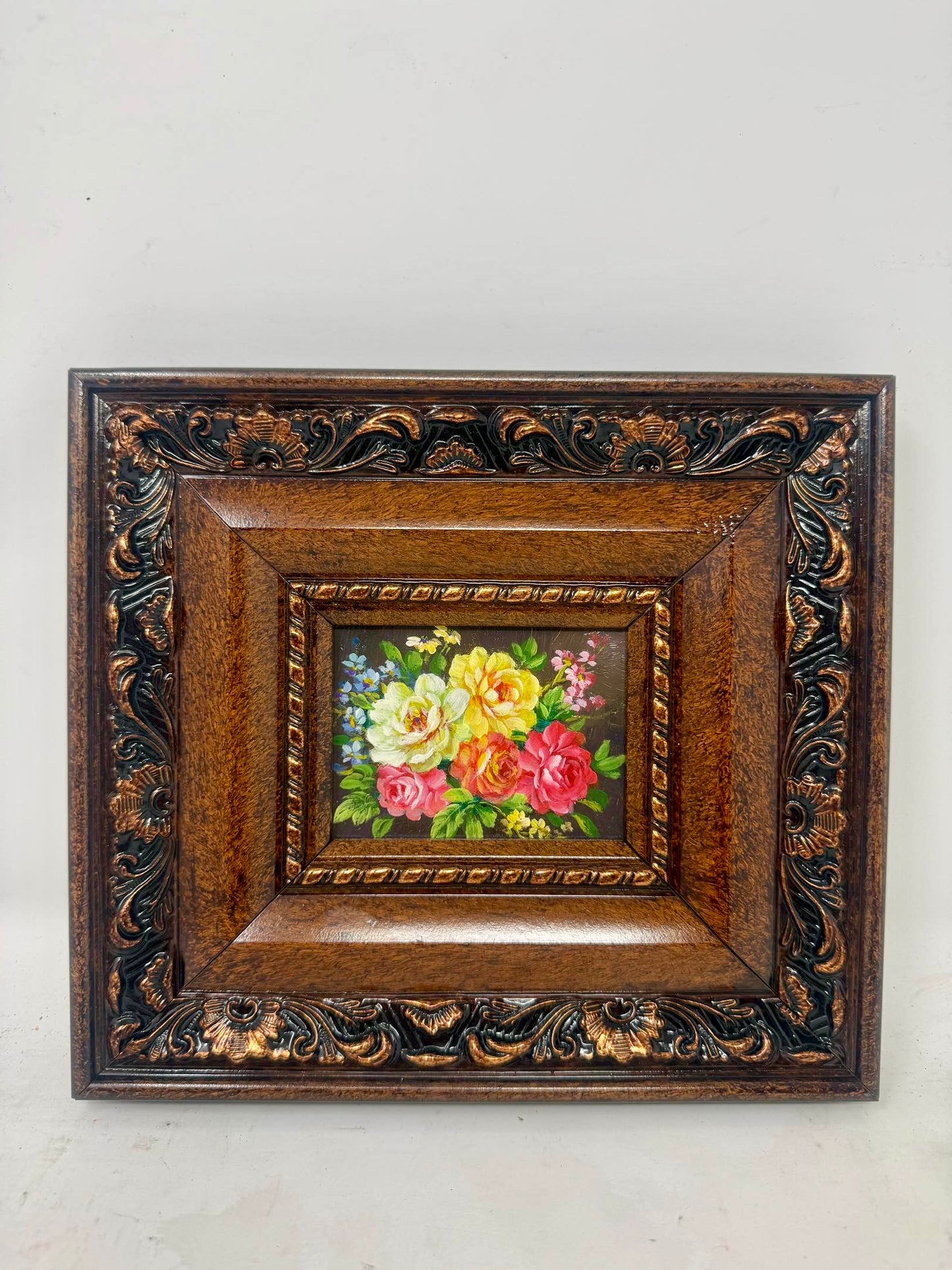 Garden in Bloom | Framed Mini Floral Oil Painting with Ornate Dark Wood Frame