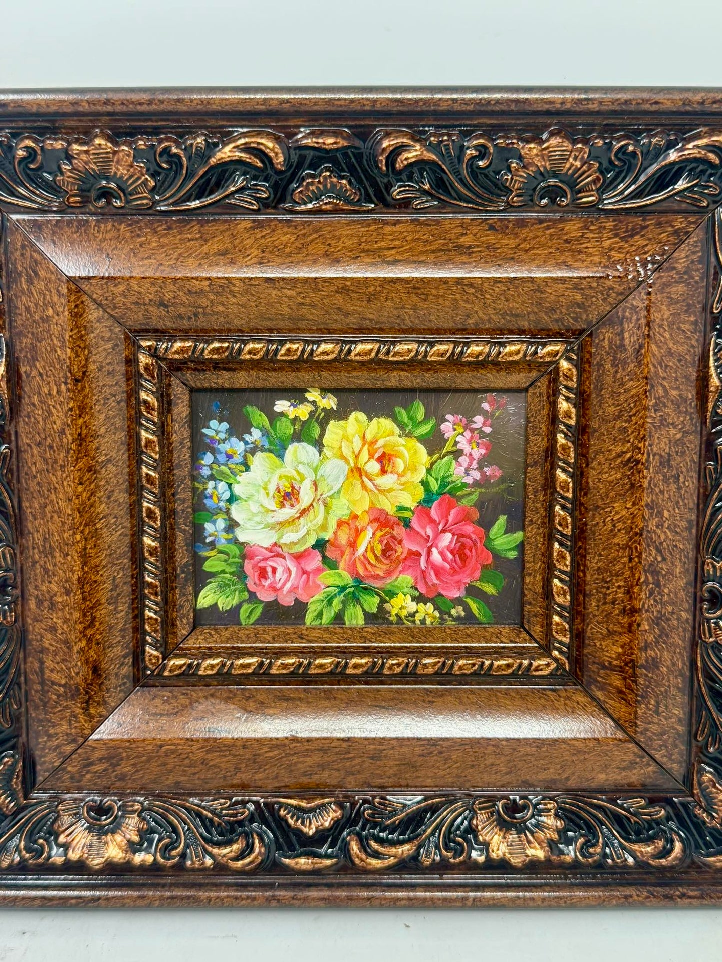 Garden in Bloom | Framed Mini Floral Oil Painting with Ornate Dark Wood Frame
