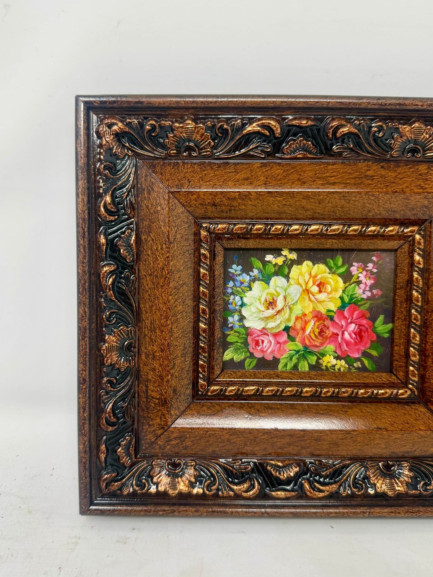 Garden in Bloom | Framed Mini Floral Oil Painting with Ornate Dark Wood Frame