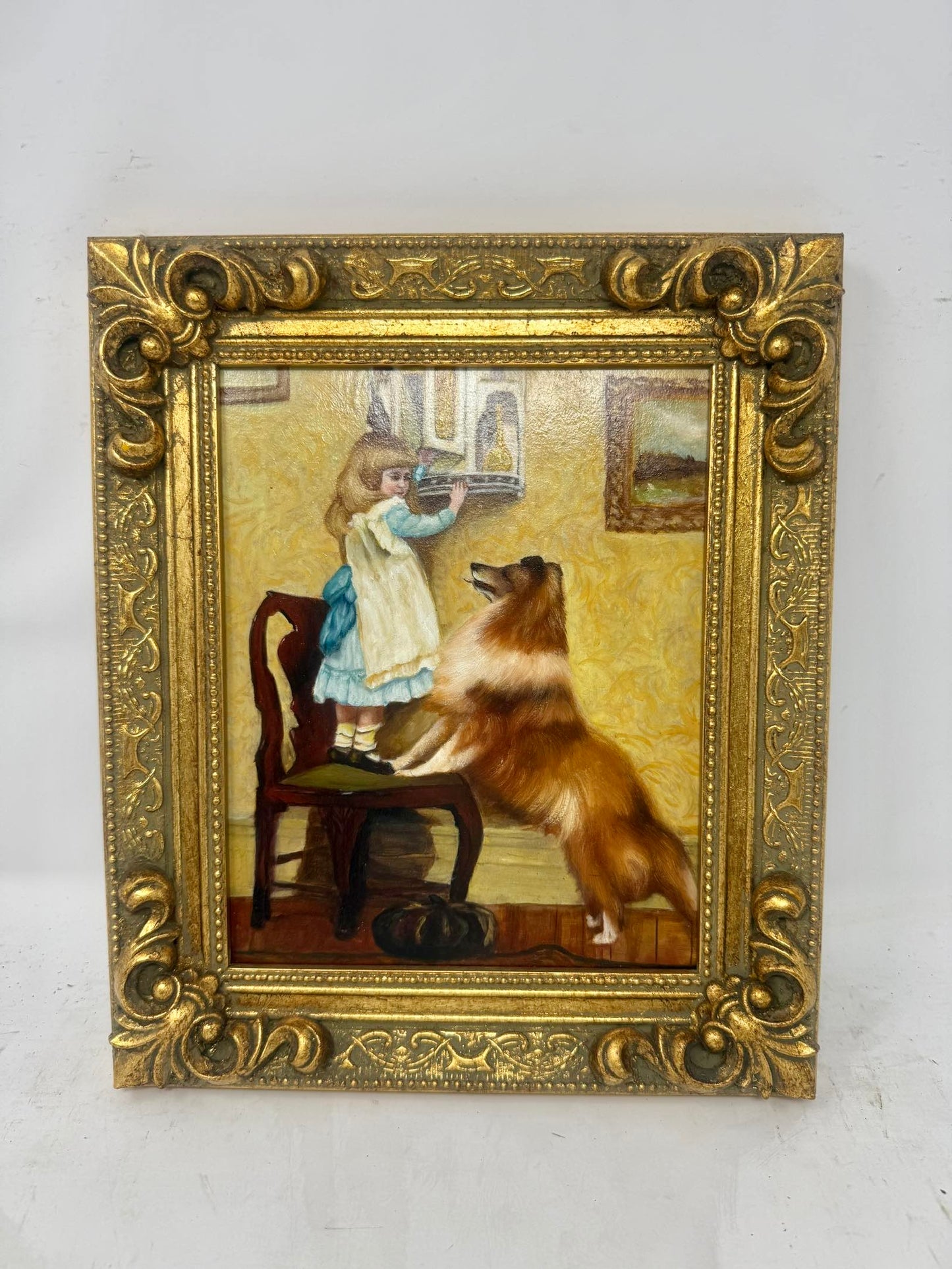 A Gentle Guardian | Framed Child & Collie Oil Painting in Ornate Gold Frame