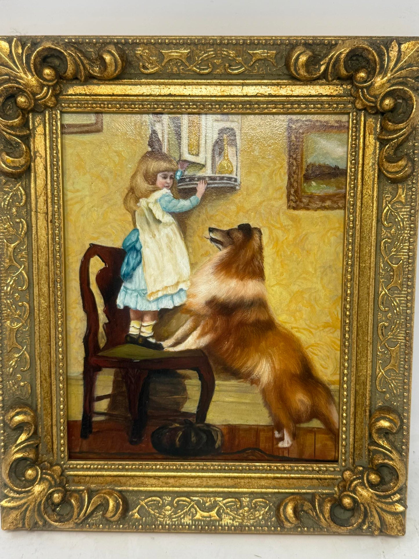 A Gentle Guardian | Framed Child & Collie Oil Painting in Ornate Gold Frame