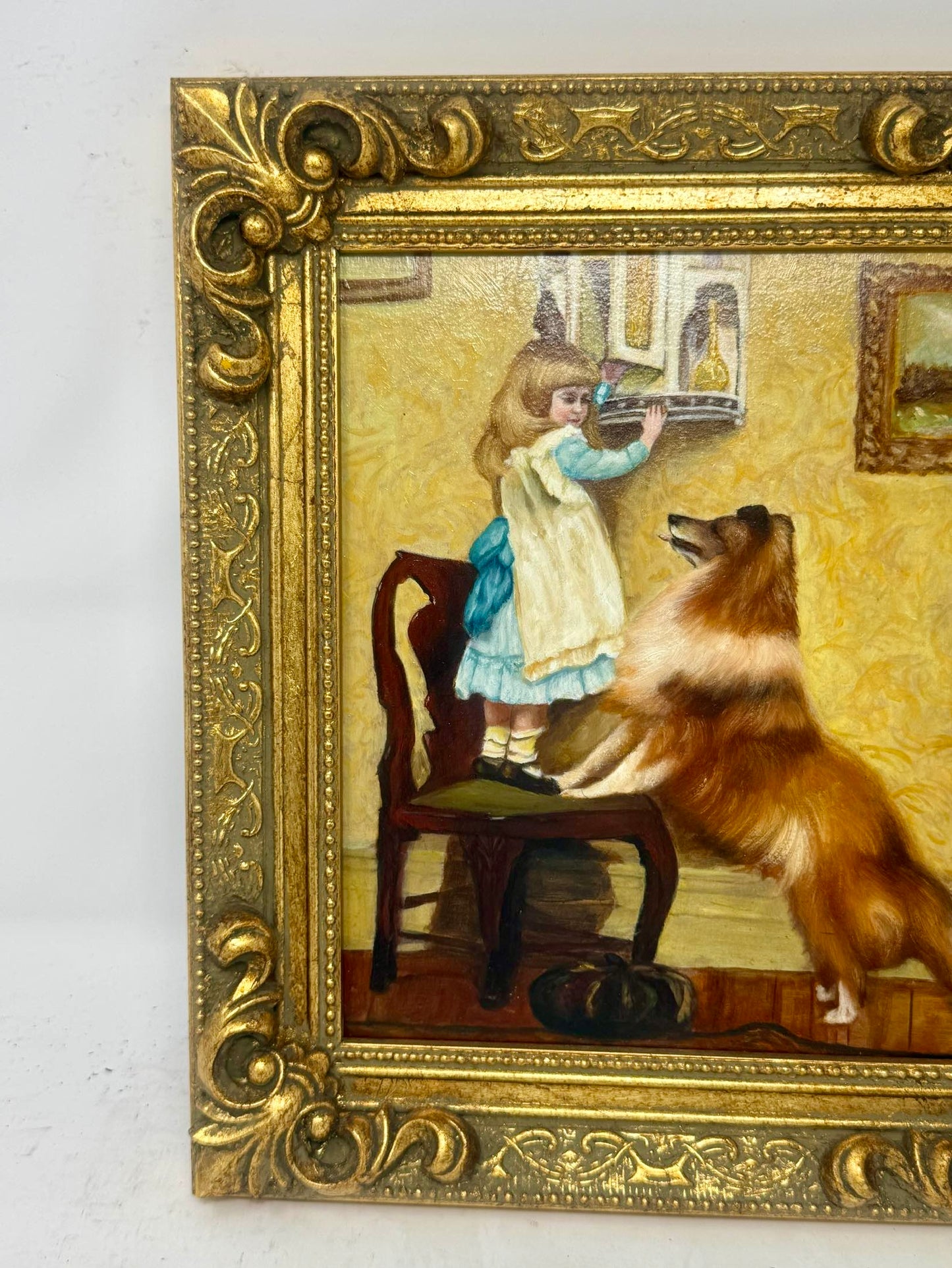 A Gentle Guardian | Framed Child & Collie Oil Painting in Ornate Gold Frame