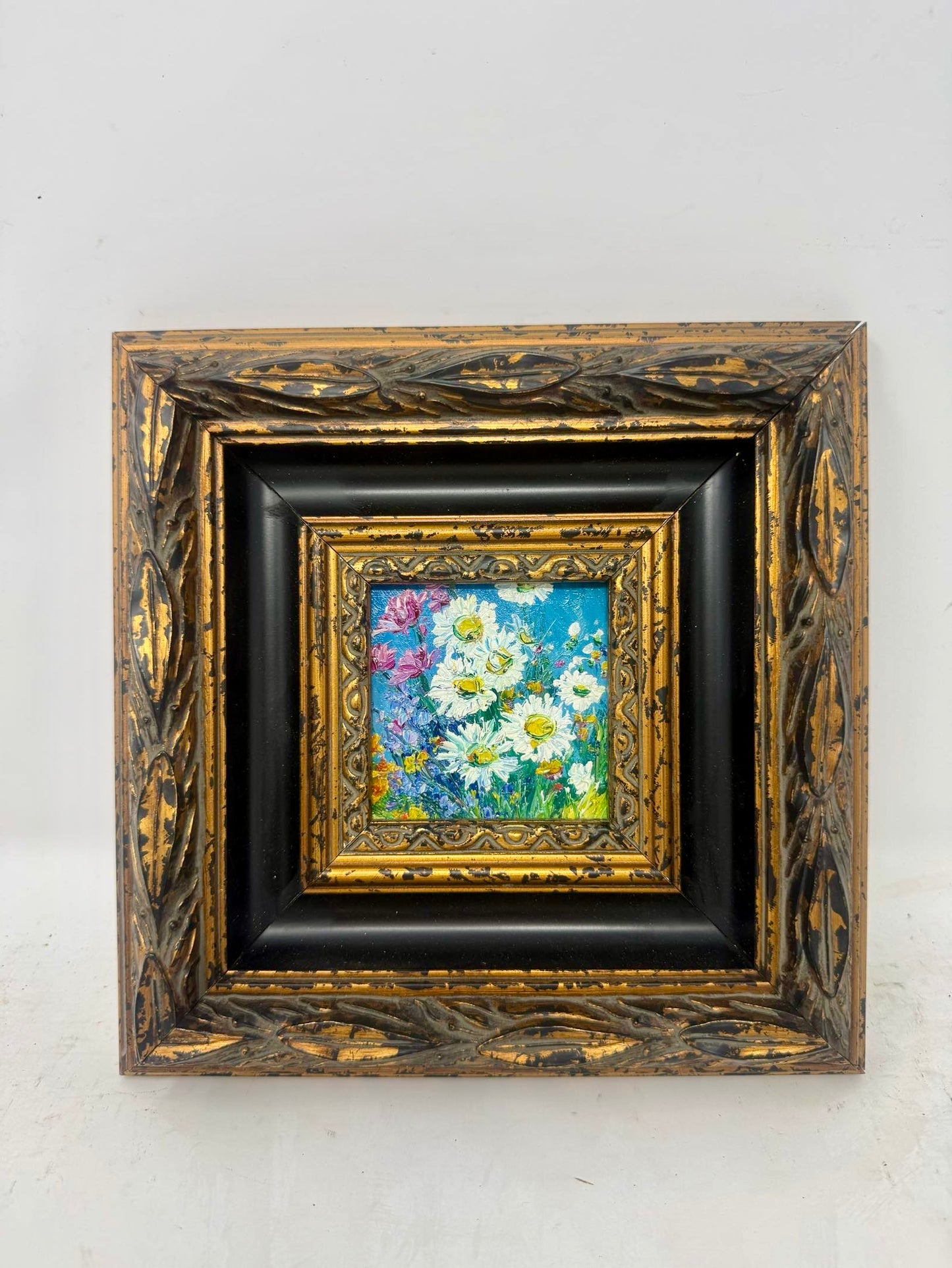 Summer Daisies | Framed Mini Floral Oil Painting in Ornate Black & Gold Frame