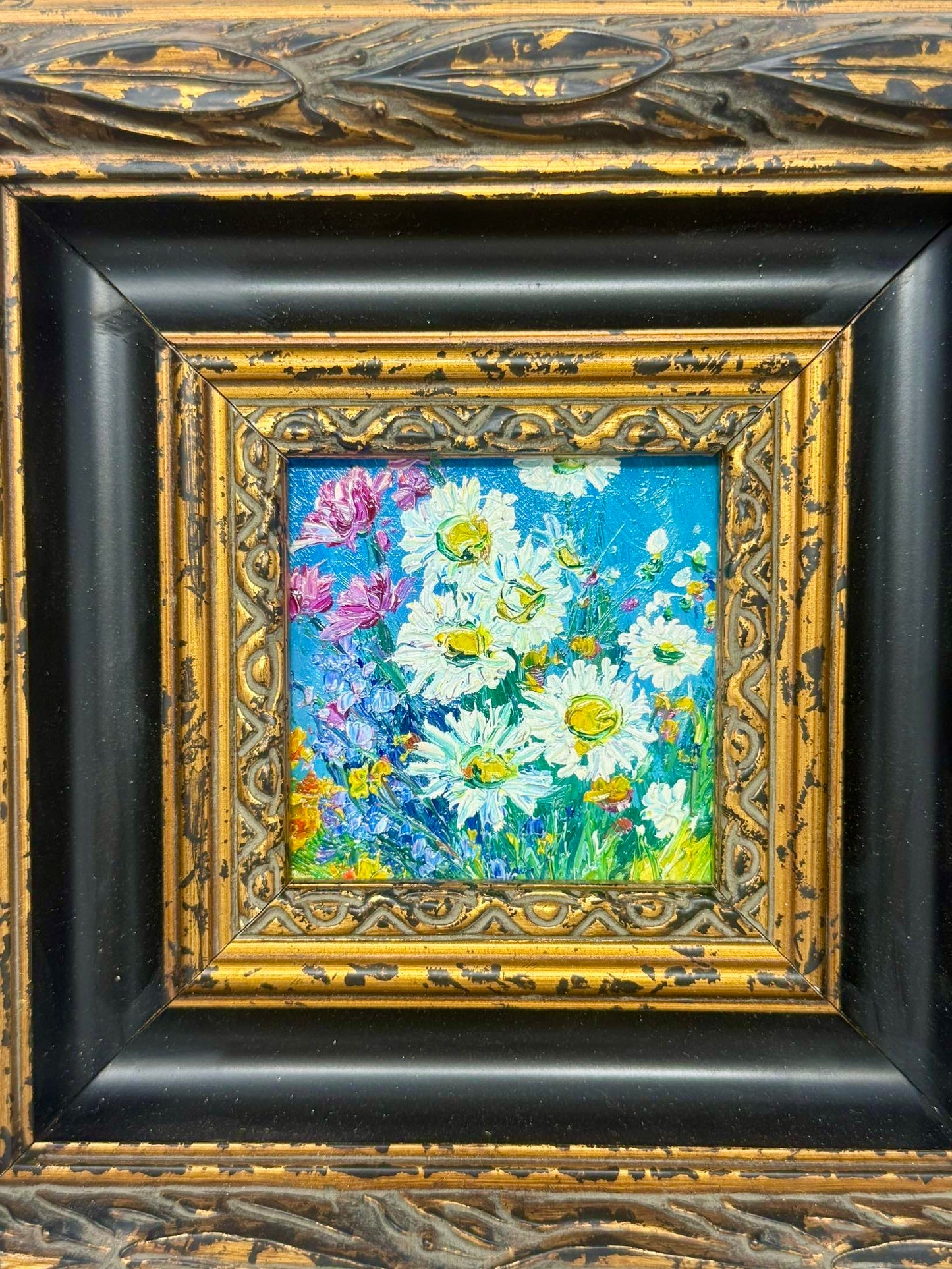 Summer Daisies | Framed Mini Floral Oil Painting in Ornate Black & Gold Frame