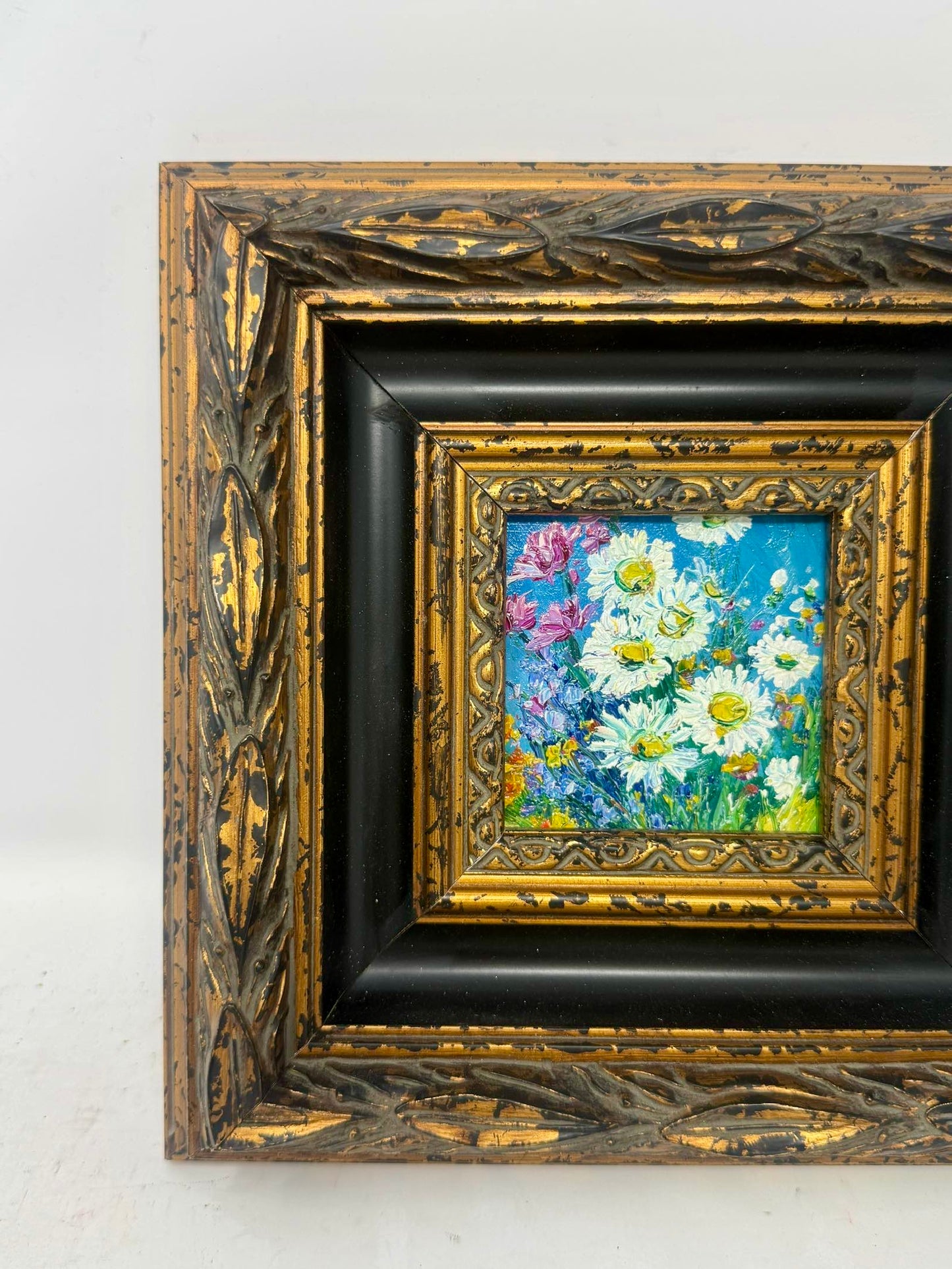 Summer Daisies | Framed Mini Floral Oil Painting in Ornate Black & Gold Frame
