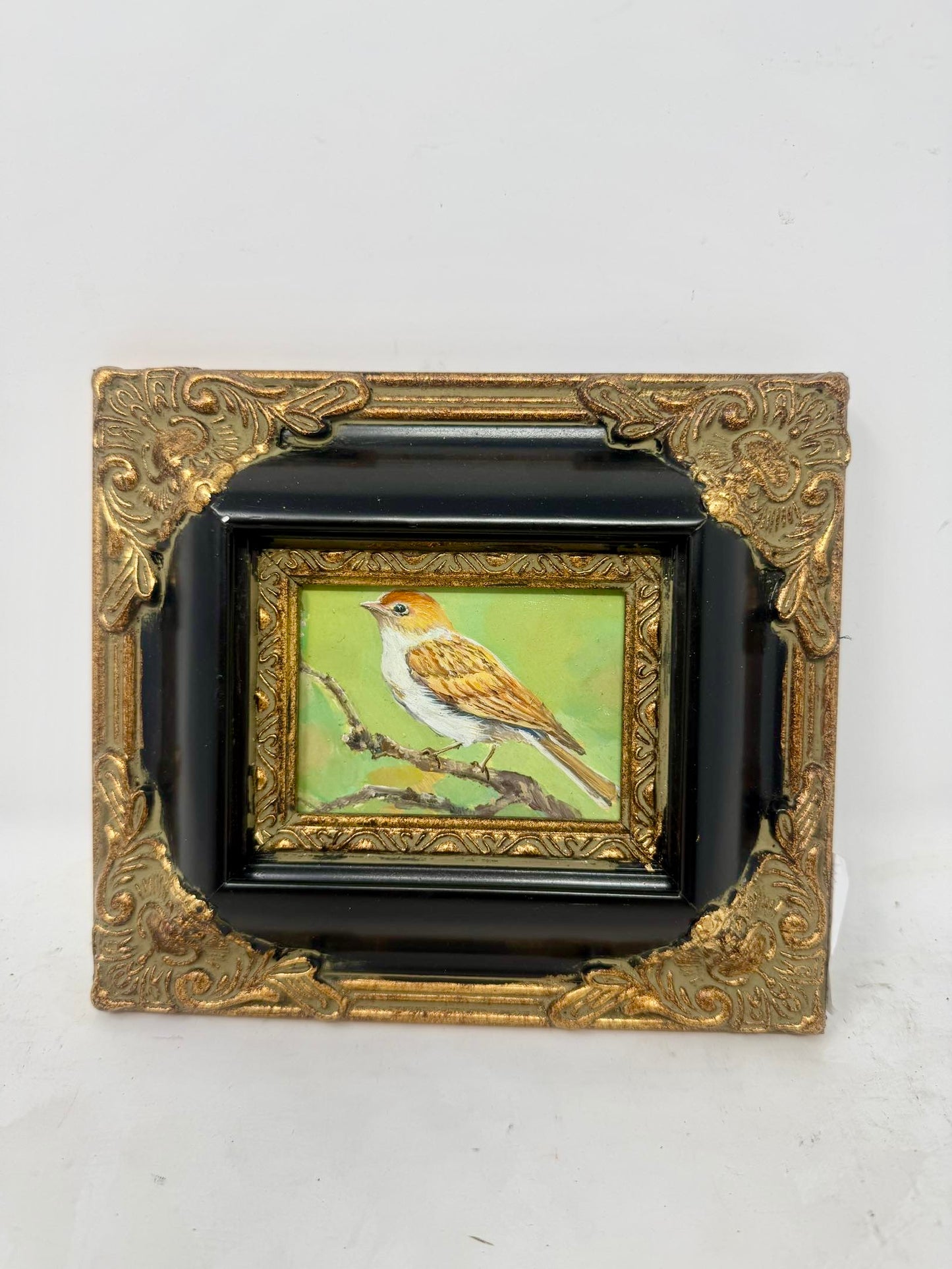 Golden Perch | Framed Mini Bird Oil Painting in Black & Gold Ornate Frame