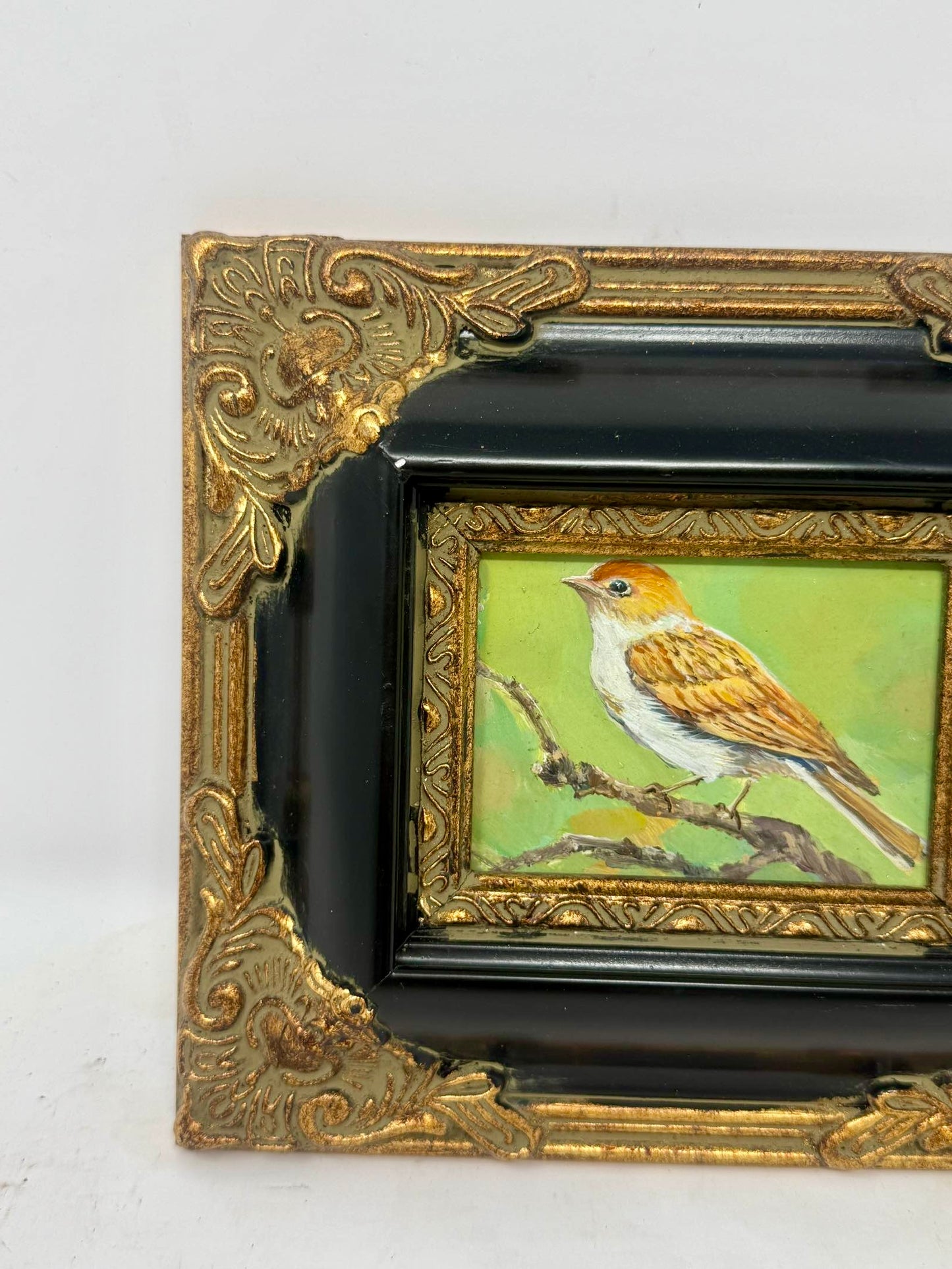 Golden Perch | Framed Mini Bird Oil Painting in Black & Gold Ornate Frame