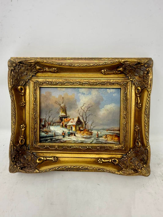 Winter by the Windmill | Framed Snowy Landscape Oil Painting in Ornate Gold Frame