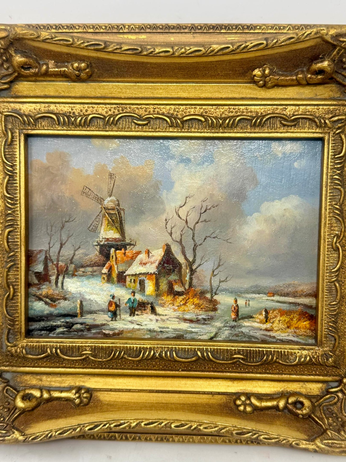Winter by the Windmill | Framed Snowy Landscape Oil Painting in Ornate Gold Frame
