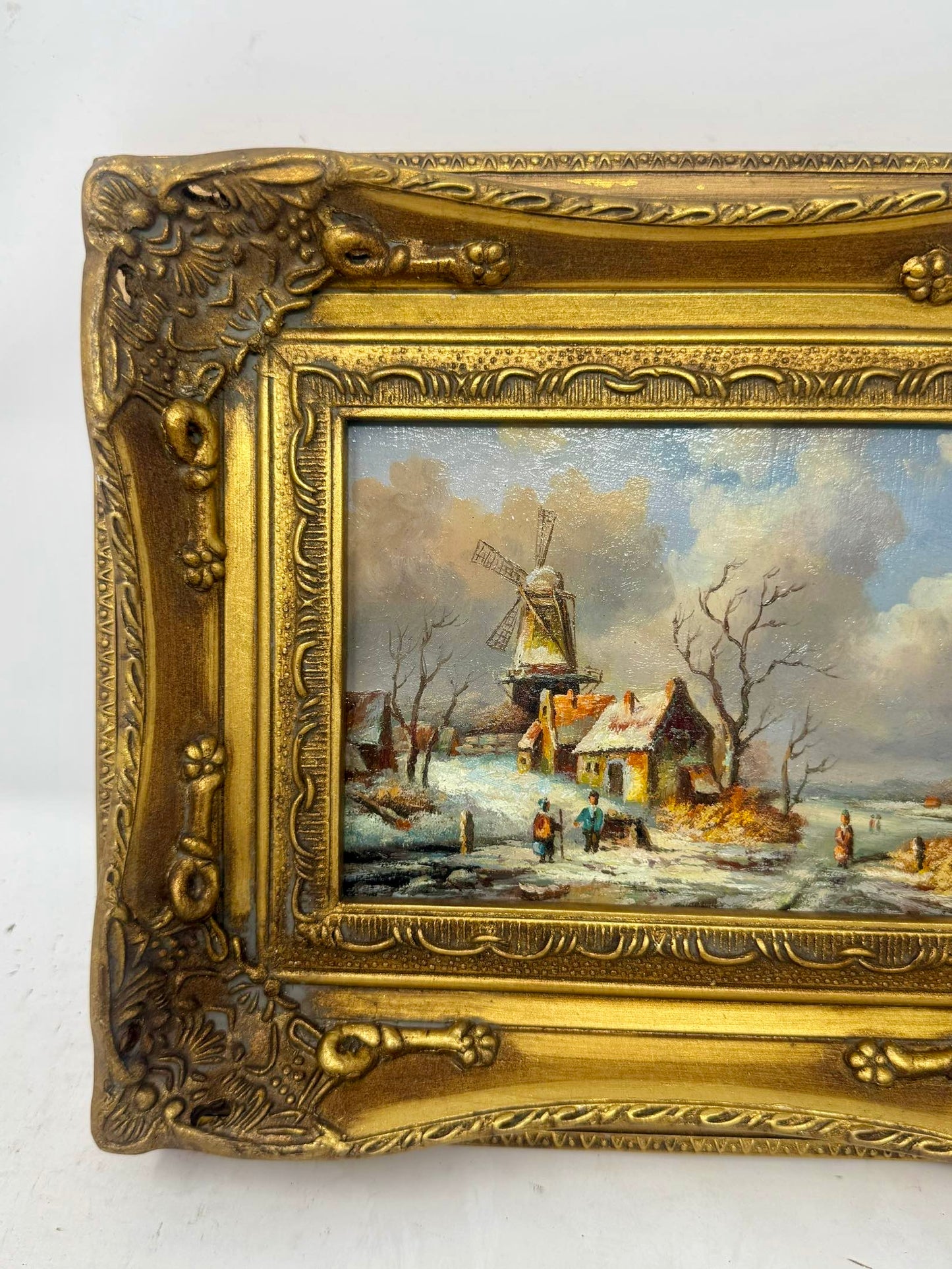 Winter by the Windmill | Framed Snowy Landscape Oil Painting in Ornate Gold Frame