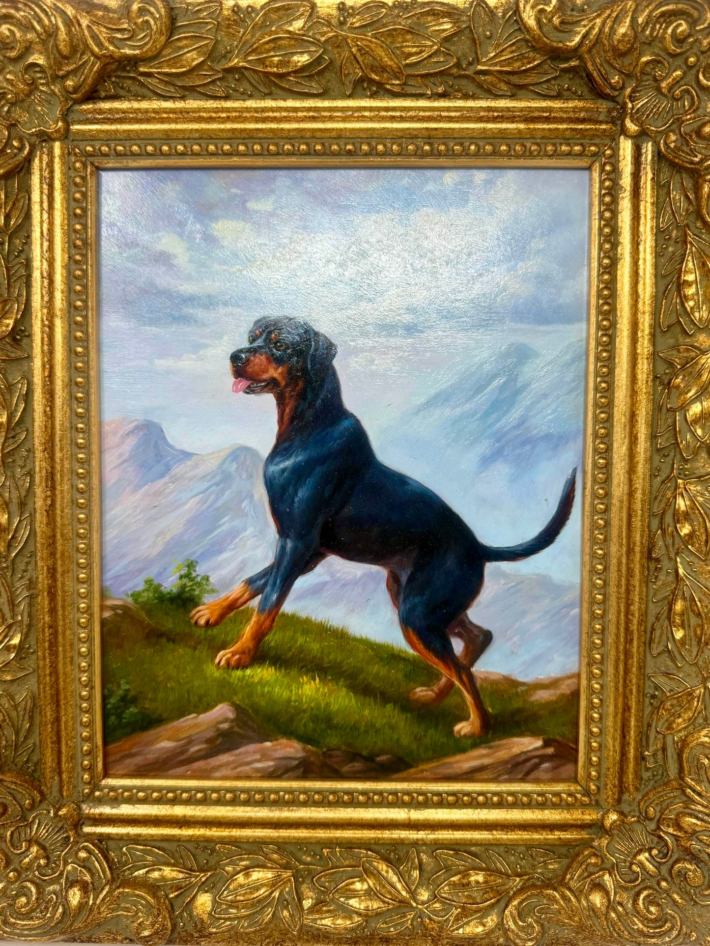 Mountain Sentinel | Framed Rottweiler Oil Painting in Ornate Gold Frame