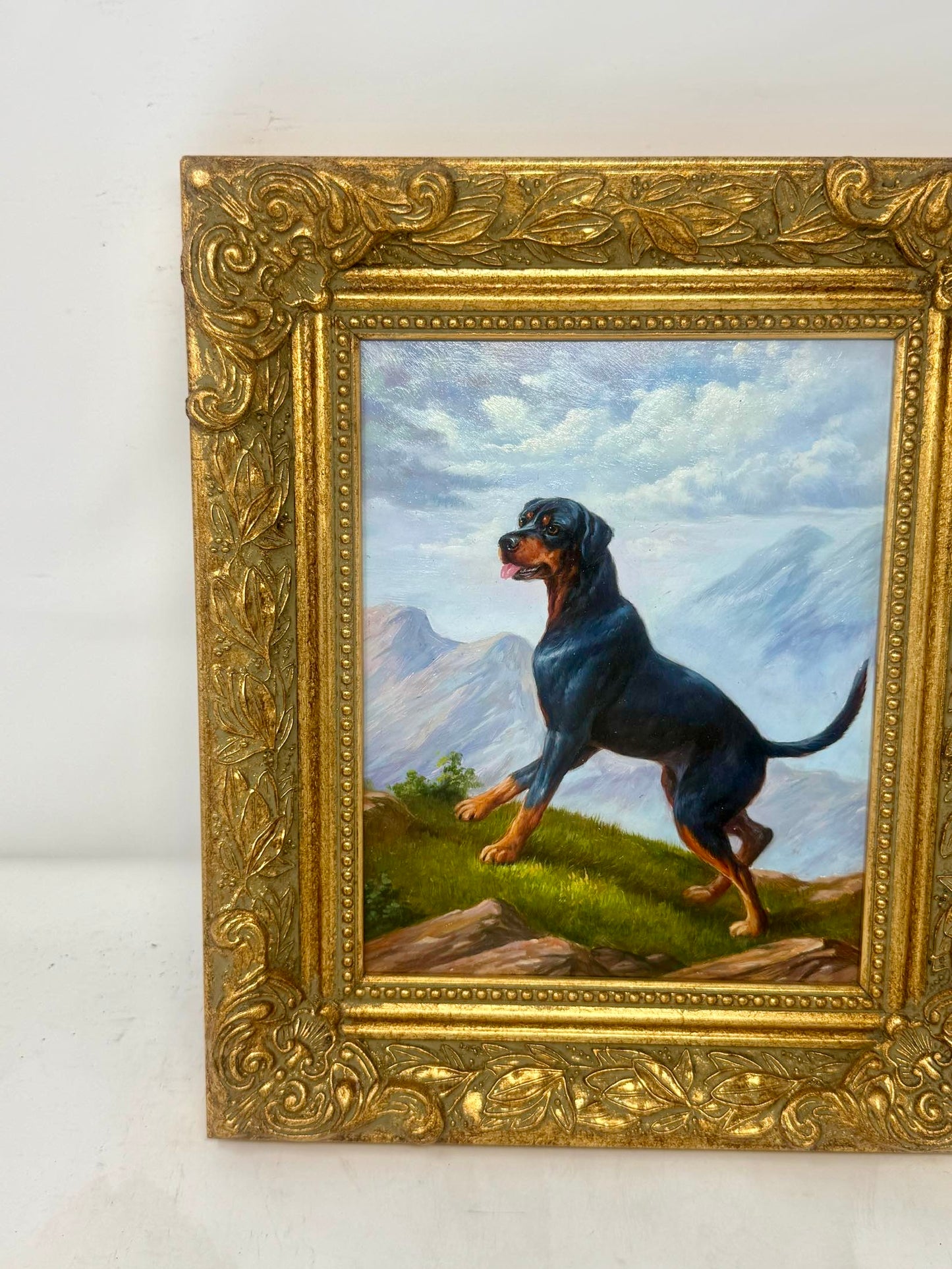 Mountain Sentinel | Framed Rottweiler Oil Painting in Ornate Gold Frame