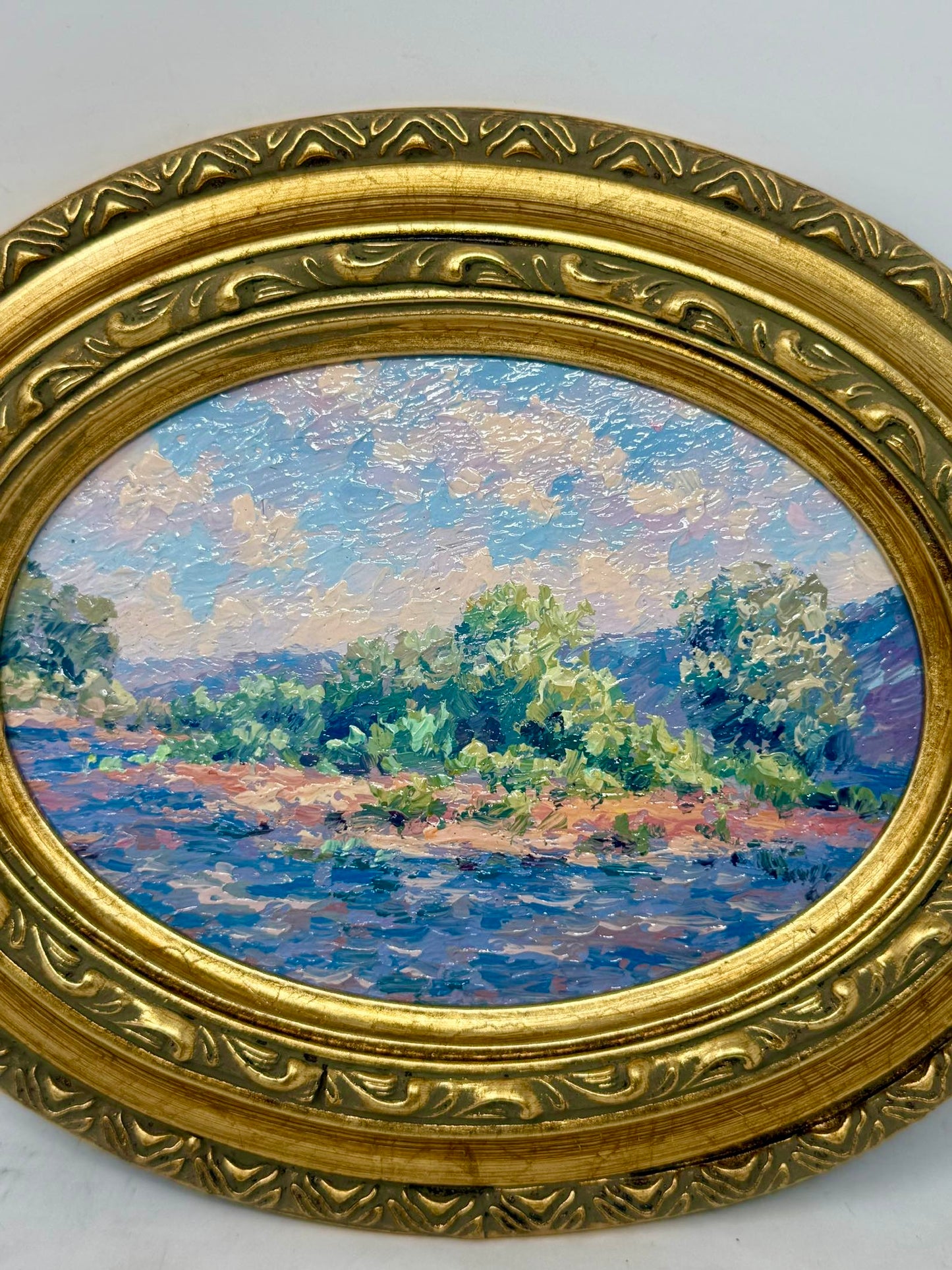 Riverbank in Bloom | Framed Oval Landscape Oil Painting in Ornate Gold Frame