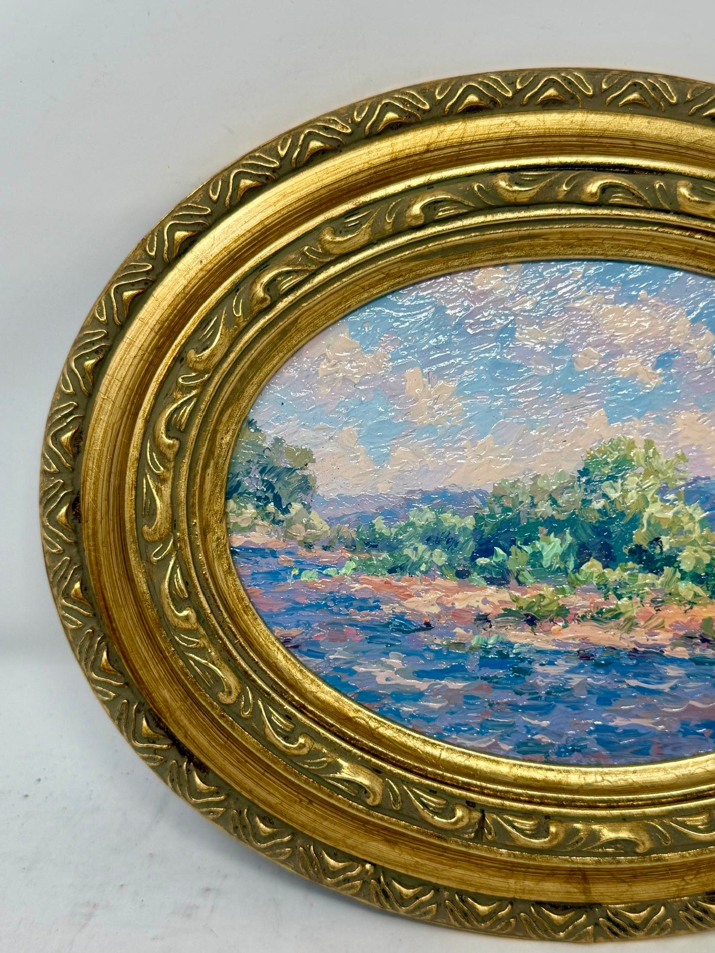 Riverbank in Bloom | Framed Oval Landscape Oil Painting in Ornate Gold Frame