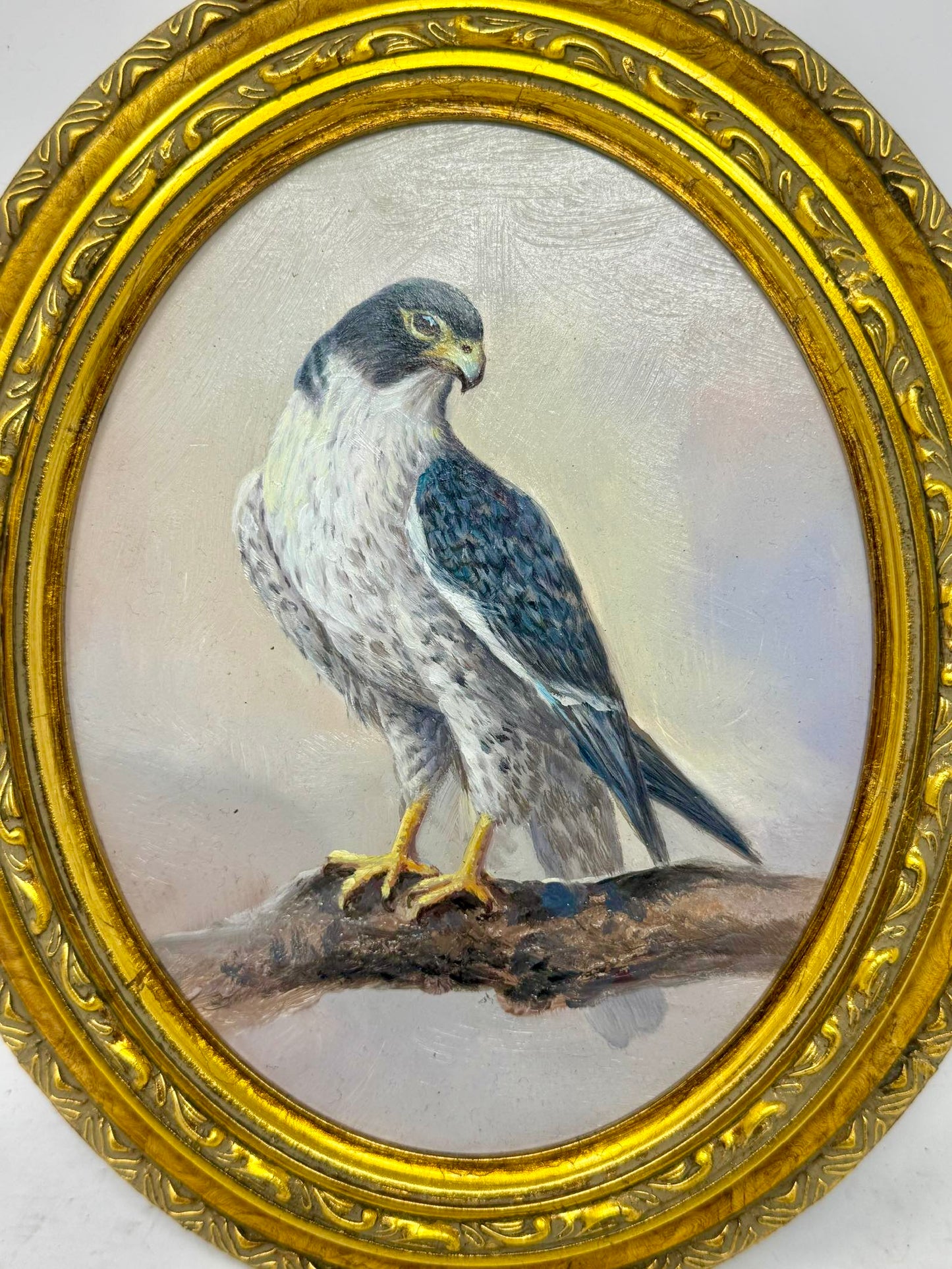Watchful Perch | Framed Bird of Prey Oil Painting in Ornate Oval Gold Frame