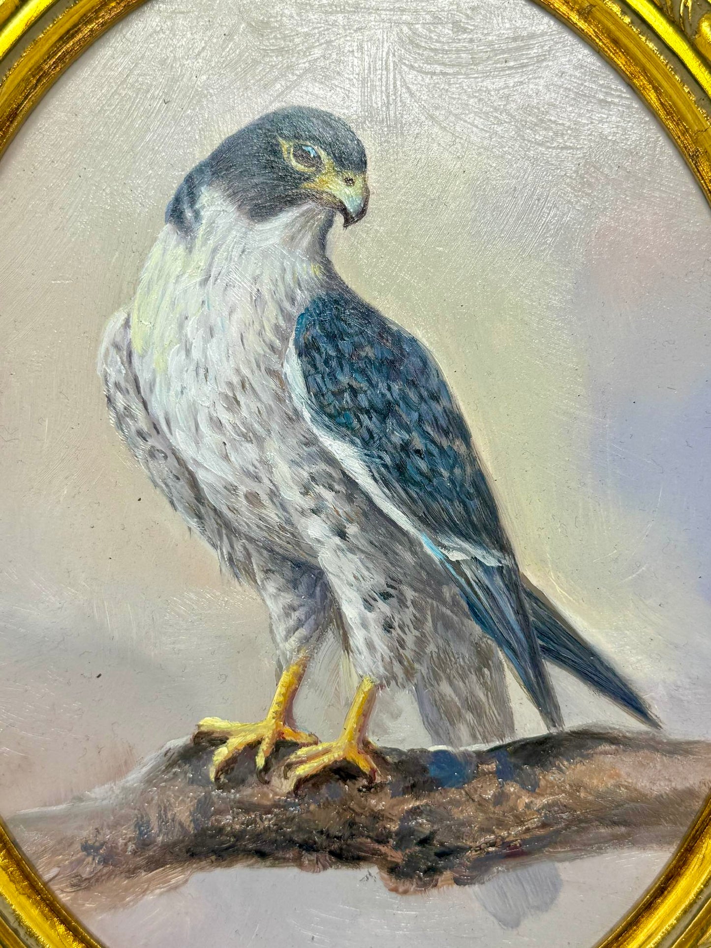 Watchful Perch | Framed Bird of Prey Oil Painting in Ornate Oval Gold Frame