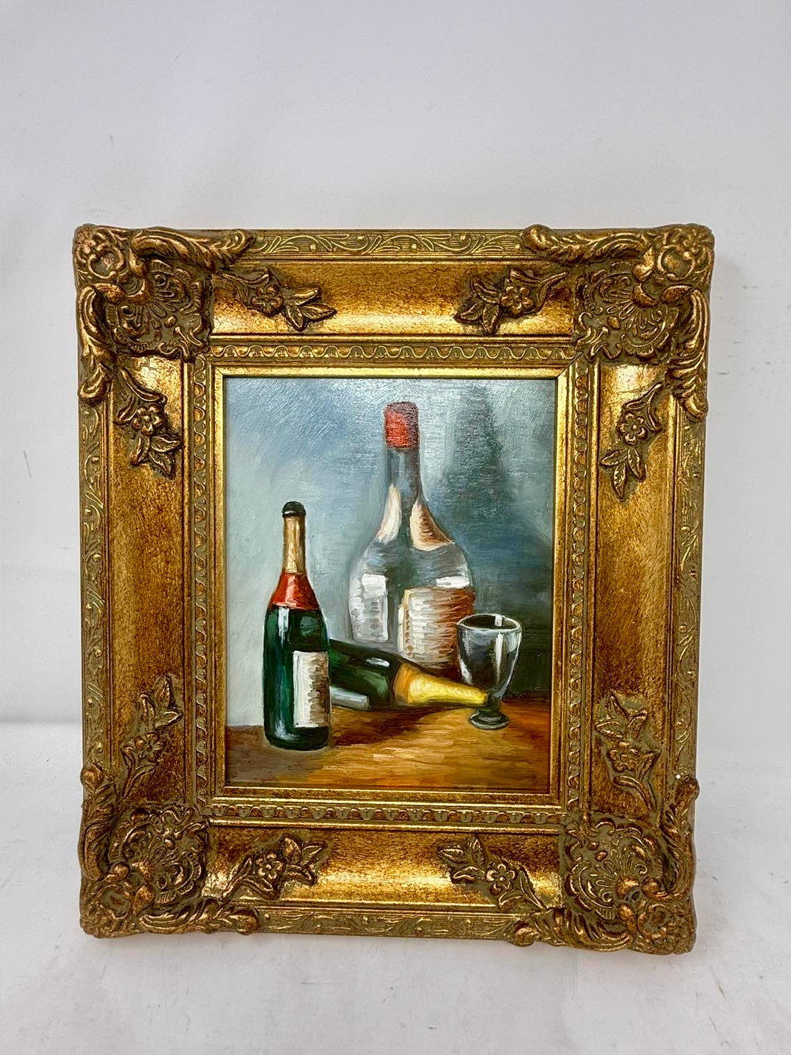 Quiet Cellar | Framed Bottle Still Life Oil Painting in Ornate Gold Frame