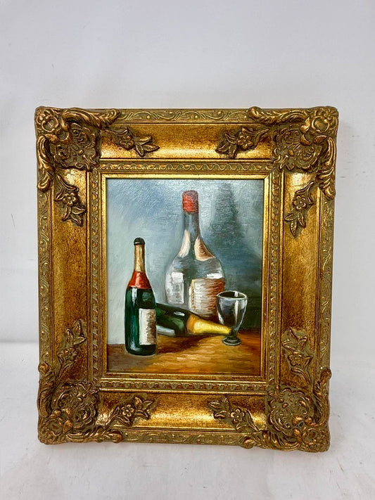 Quiet Cellar | Framed Bottle Still Life Oil Painting in Ornate Gold Frame