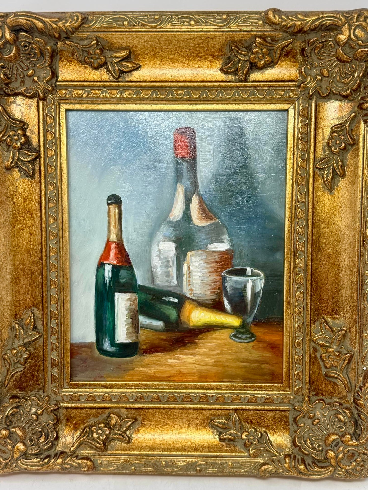 Quiet Cellar | Framed Bottle Still Life Oil Painting in Ornate Gold Frame