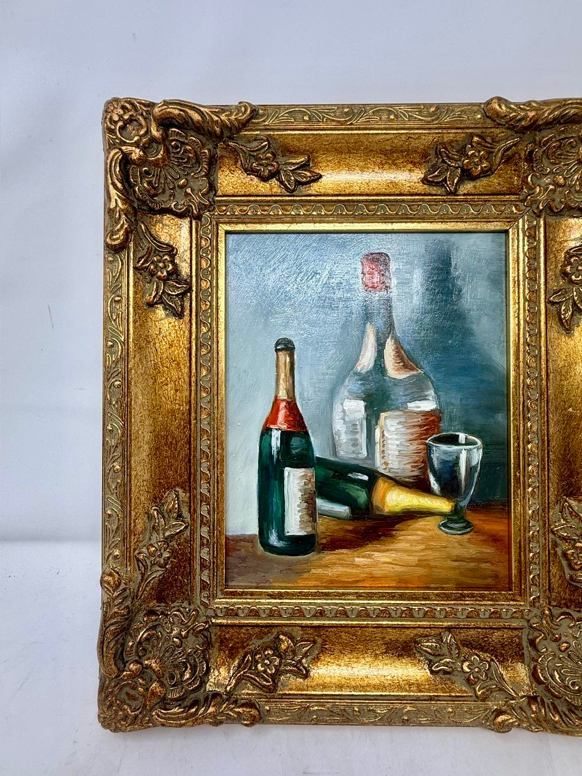 Quiet Cellar | Framed Bottle Still Life Oil Painting in Ornate Gold Frame