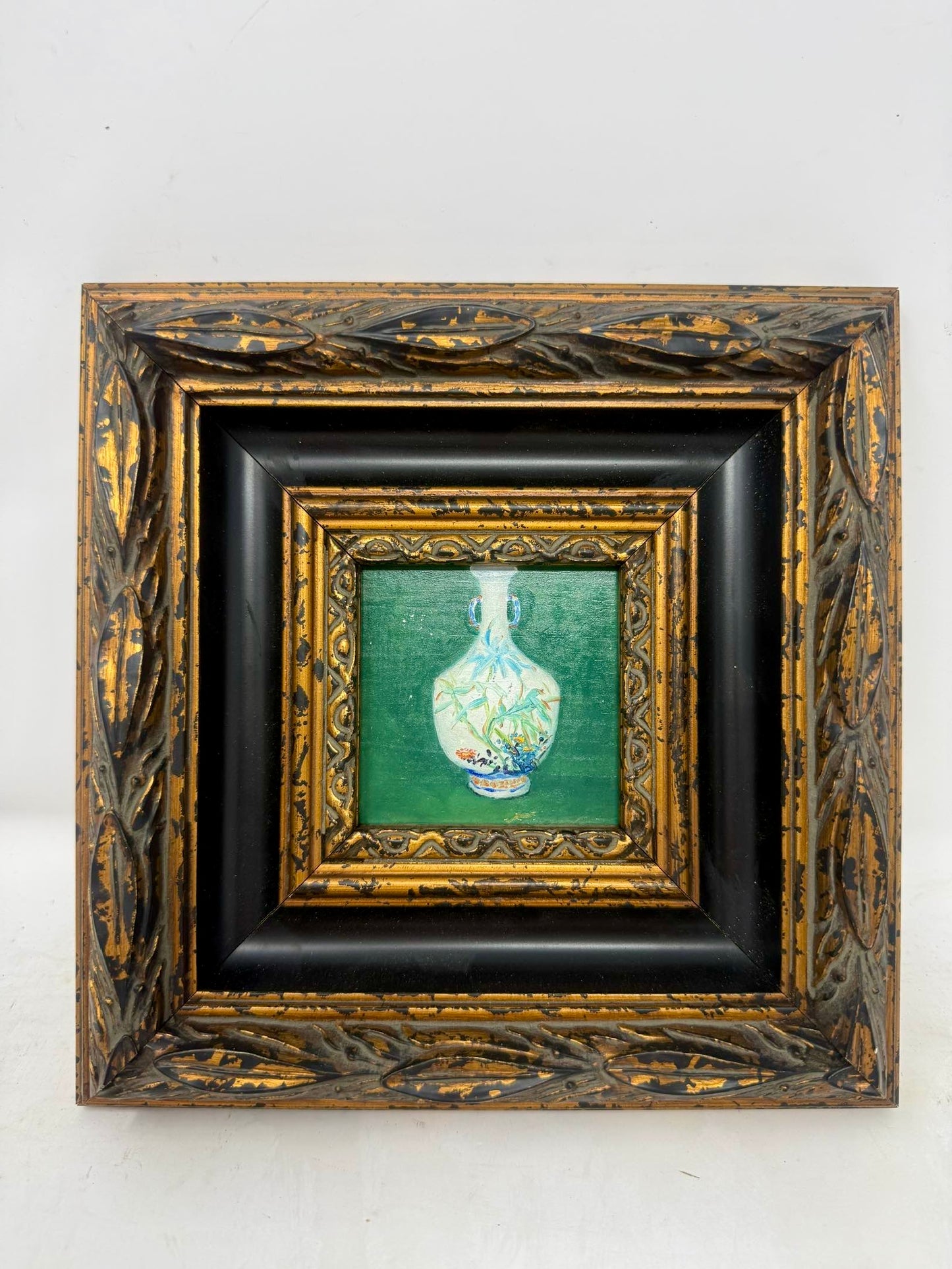 Porcelain Reverie | Framed Mini Vase Oil Painting in Ornate Black & Gold Frame