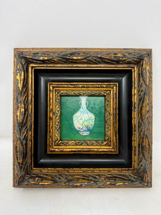 Porcelain Reverie | Framed Mini Vase Oil Painting in Ornate Black & Gold Frame
