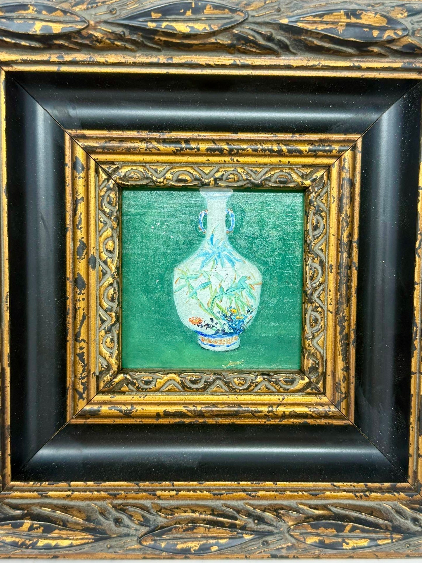 Porcelain Reverie | Framed Mini Vase Oil Painting in Ornate Black & Gold Frame