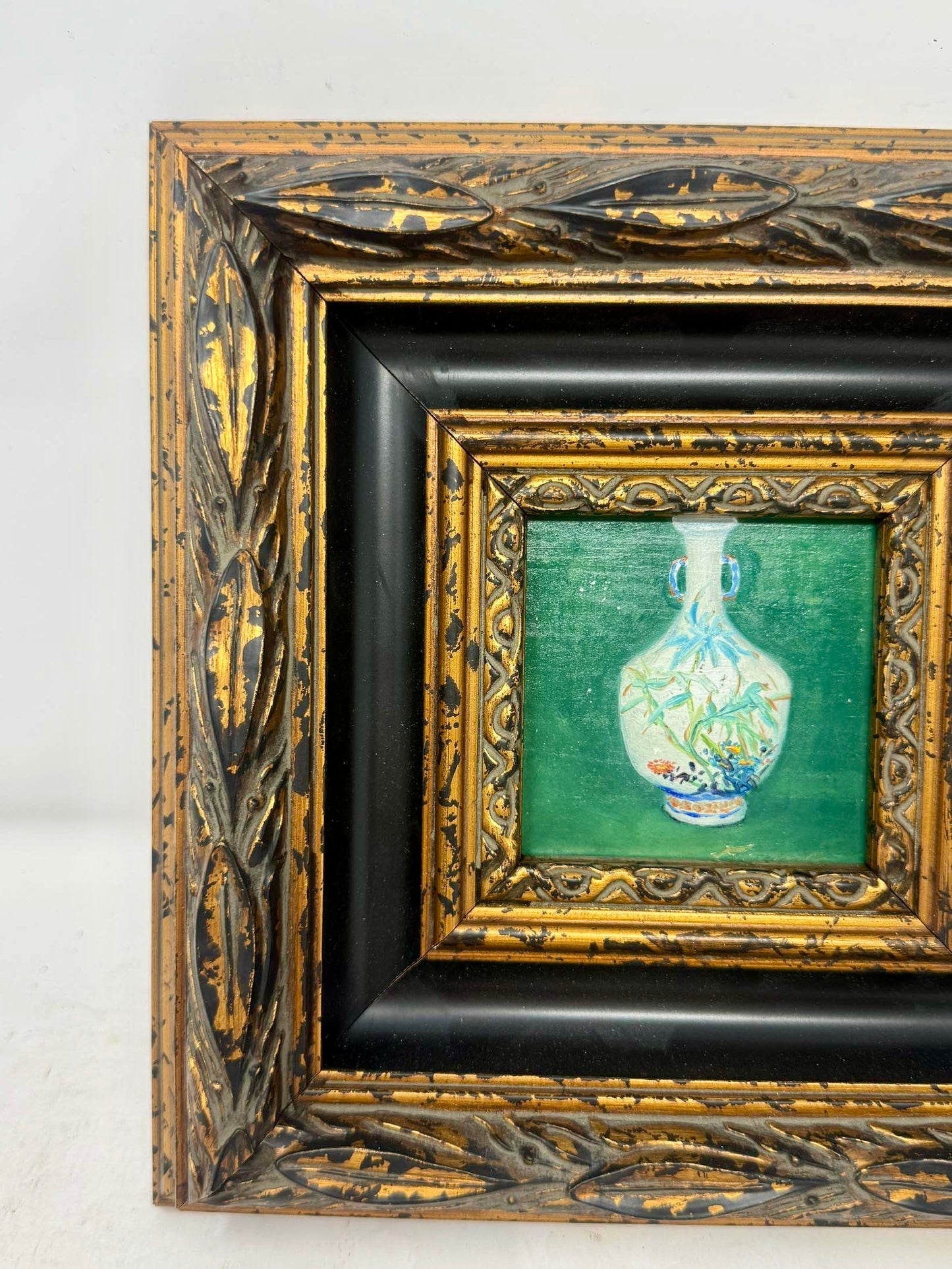Porcelain Reverie | Framed Mini Vase Oil Painting in Ornate Black & Gold Frame