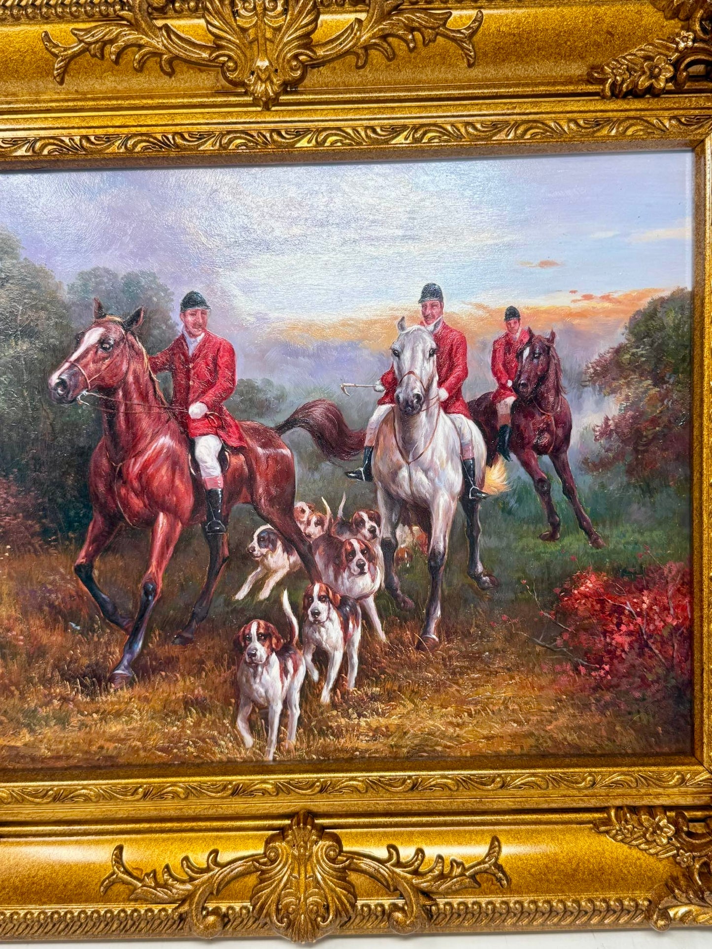 Autumn Hunt | Framed Equestrian & Hounds Oil Painting in Ornate Gold Frame