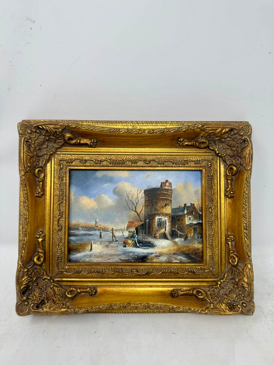 Winter Village | Framed Snowy Landscape Oil Painting