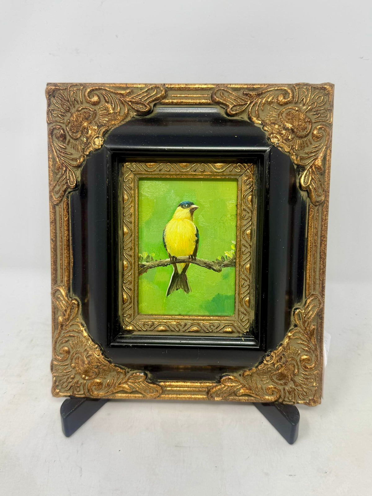 Golden Songbirds | Pair of Framed Bird Oil Paintings | $250 Pair / $150 Each