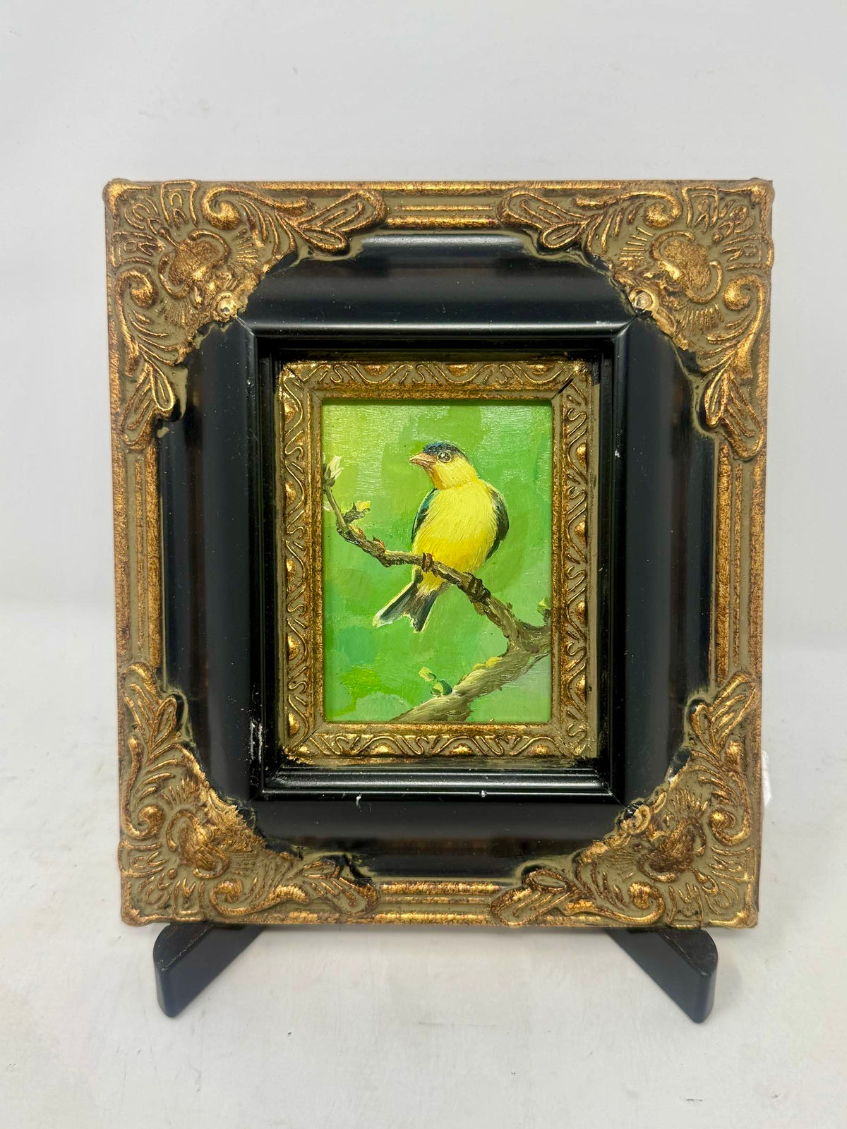 Golden Songbirds | Pair of Framed Bird Oil Paintings | $250 Pair / $150 Each