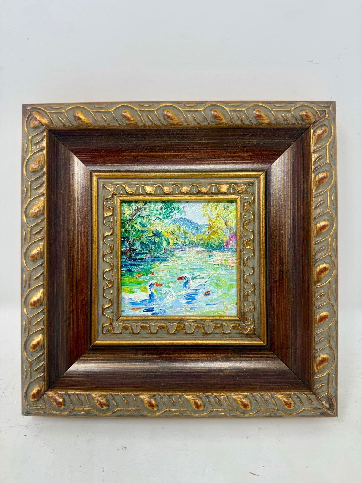 Lakeside Swans | Framed Miniature Oil Painting