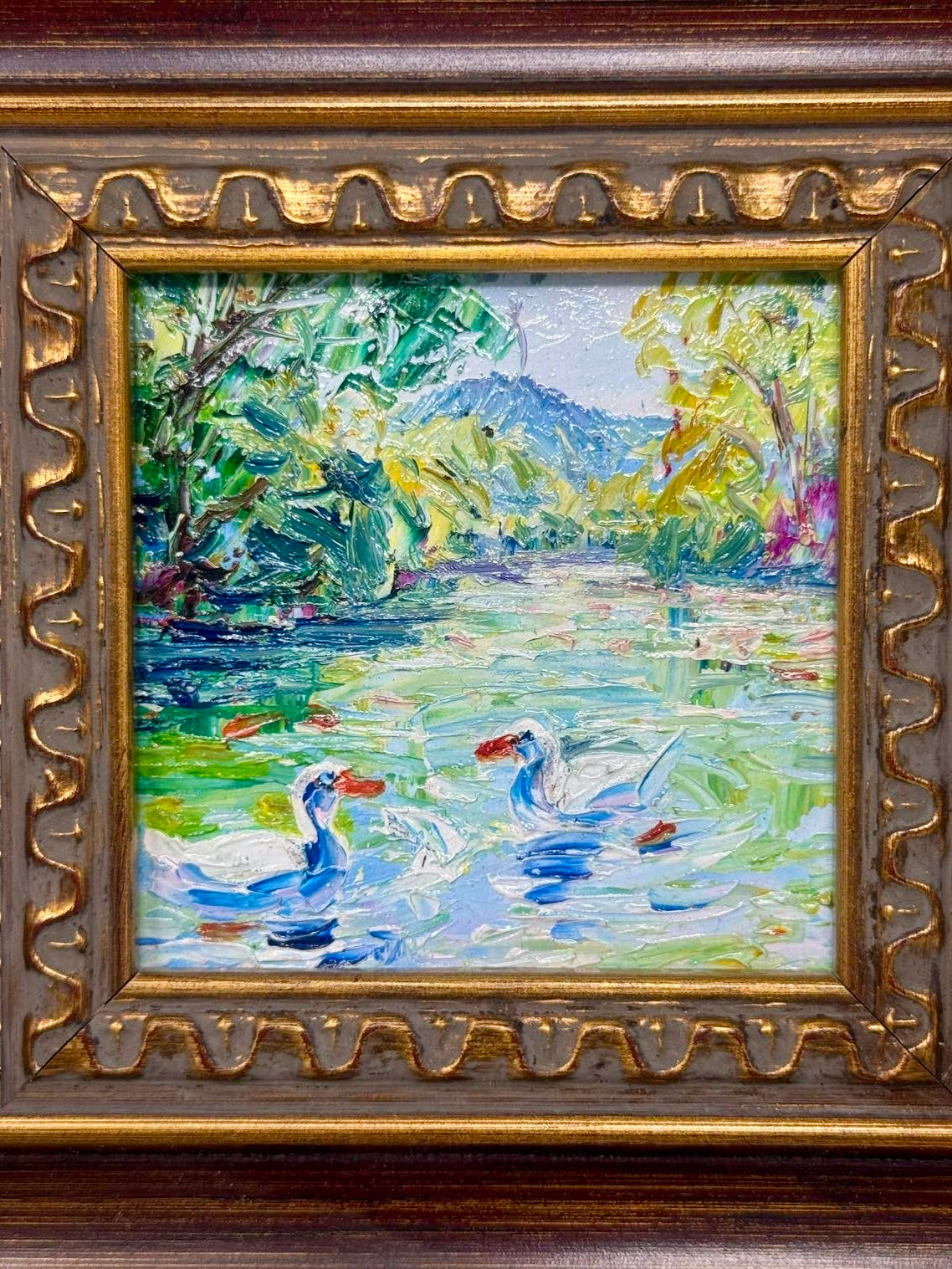 Lakeside Swans | Framed Miniature Oil Painting