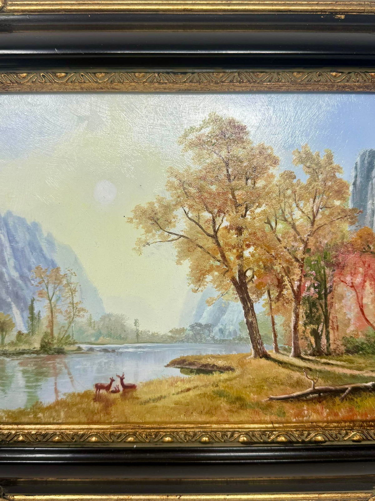 Autumn Mountain Lake Landscape Oil Painting in Decorative Black & Gold Frame