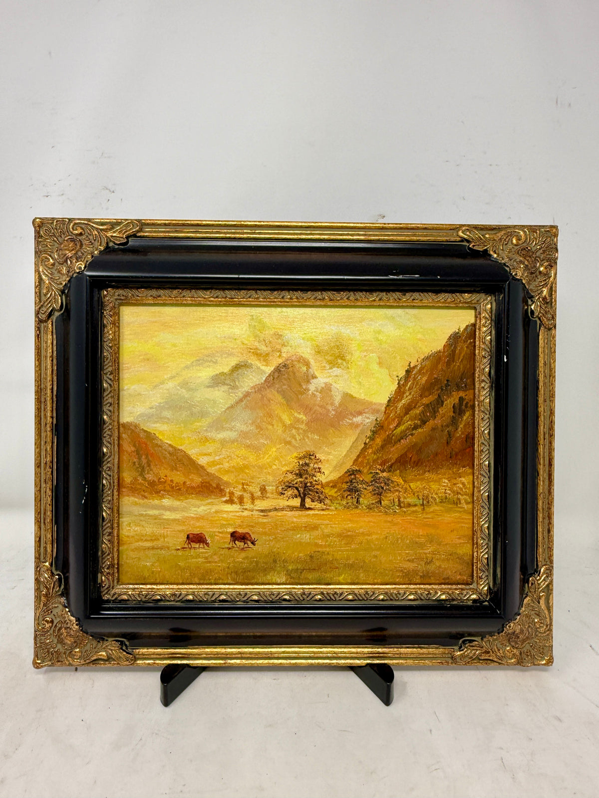 Mountain Valley Landscape Oil Painting in Decorative Black & Gold Frame