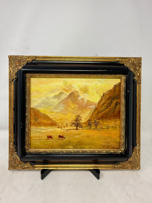 Mountain Valley Landscape Oil Painting in Decorative Black & Gold Frame