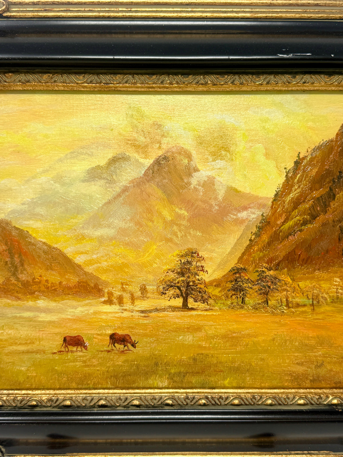 Mountain Valley Landscape Oil Painting in Decorative Black & Gold Frame