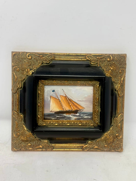 Classic Sailboat Seascape Oil Painting in Black & Gold Frame