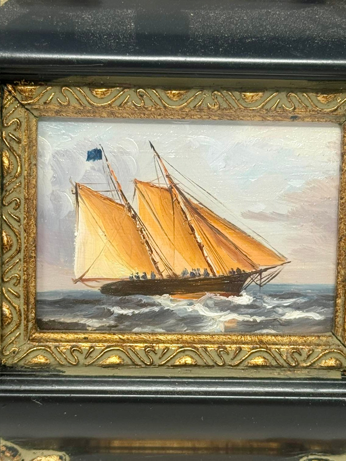 Classic Sailboat Seascape Oil Painting in Black & Gold Frame
