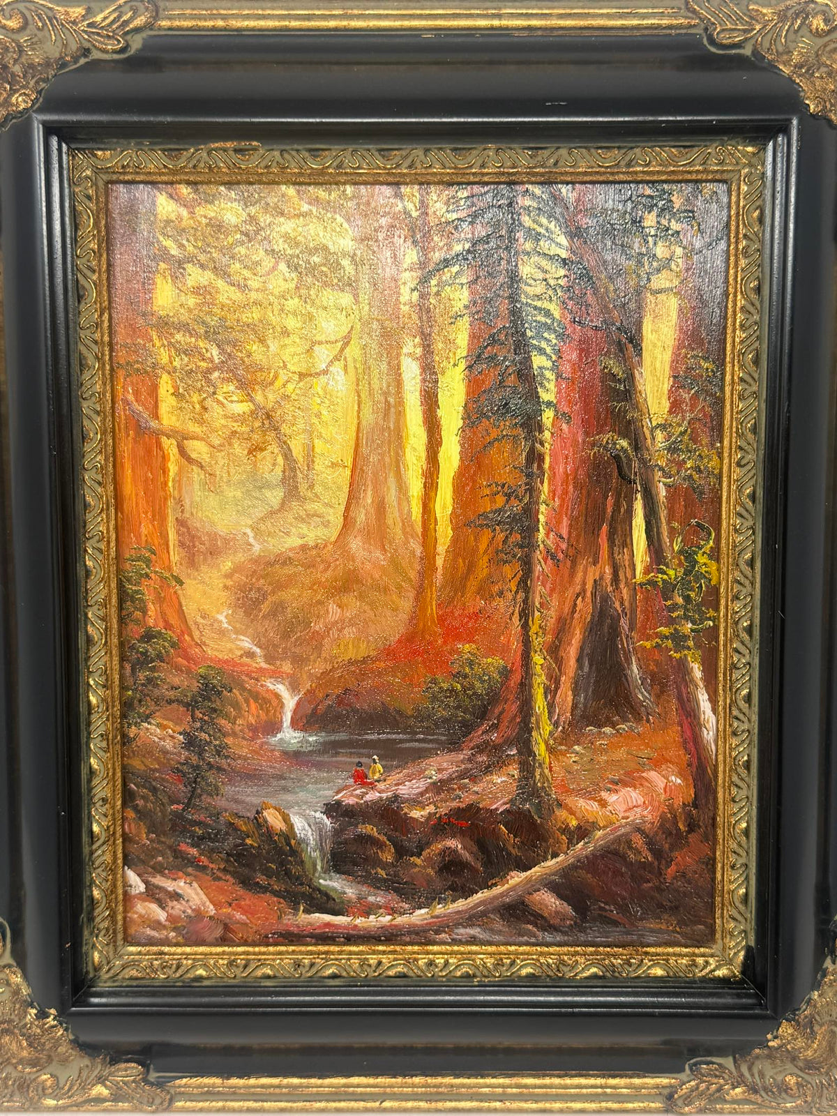 Redwood Forest Stream Oil Painting in Decorative Black & Gold Frame