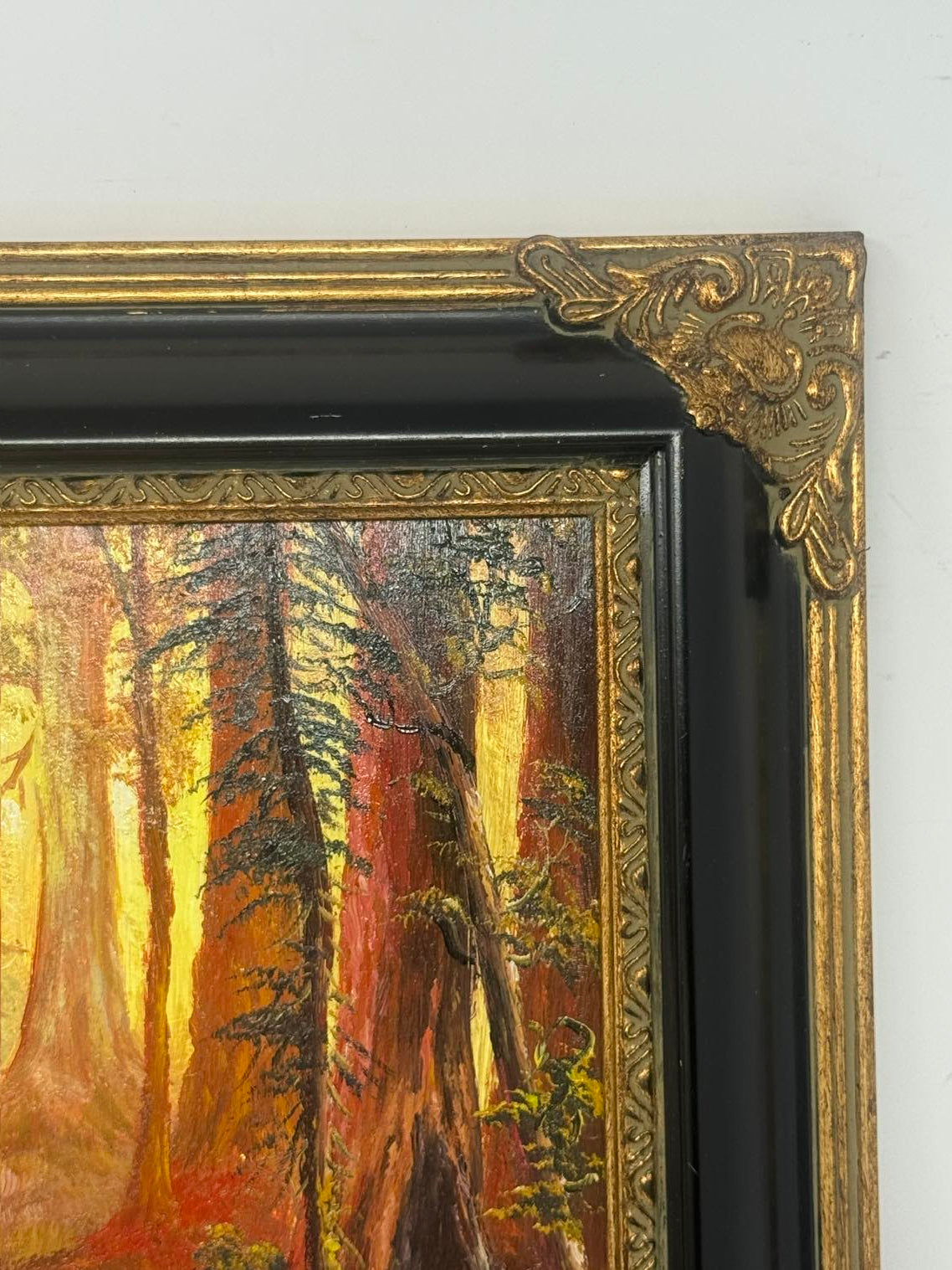 Redwood Forest Stream Oil Painting in Decorative Black & Gold Frame