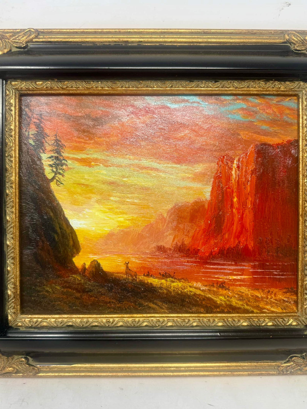 Sunset Mountain Lake Landscape Oil Painting in Decorative Black & Gold Frame