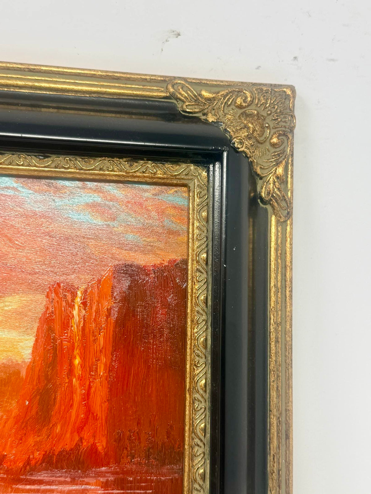 Sunset Mountain Lake Landscape Oil Painting in Decorative Black & Gold Frame