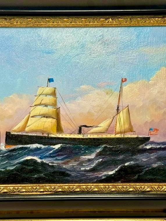 Steam Sailing Ship at Sea Oil Painting in Decorative Black & Gold Frame